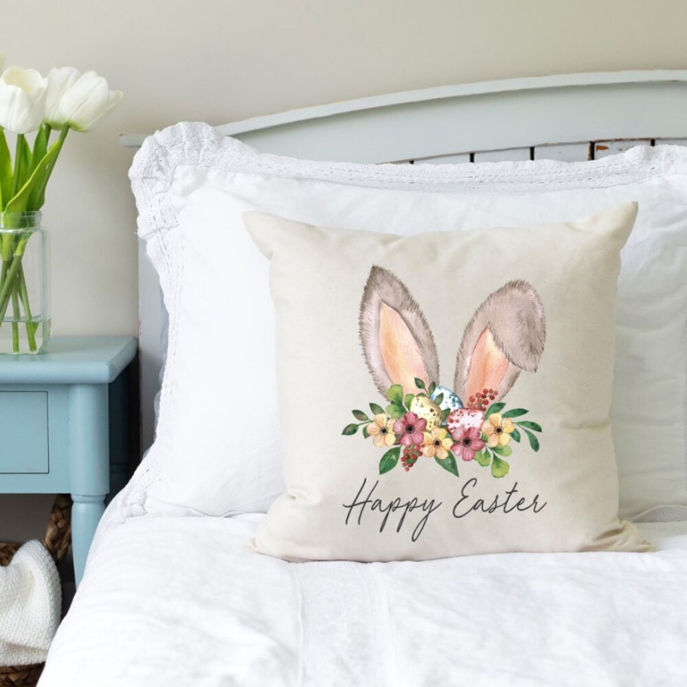 NEW 18x18 pillow cover. Happy Easter bunny ears - Festive holiday pillow cover. - Picture 3 of 3